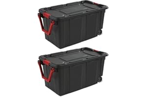 Sterilite 40 Gal Wheeled Industrial Tote, Stackable Storage Bin with Latch Lid, Plastic Container with Heavy Duty Latches, Black Base and Lid, 2-Pack