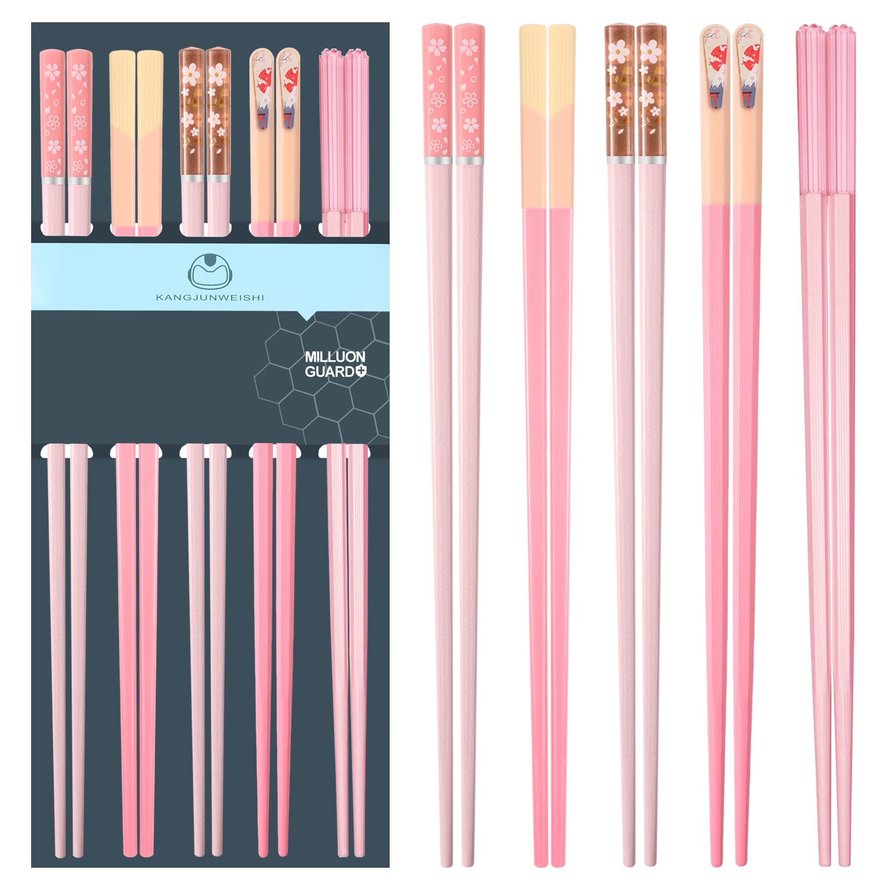 5 Pairs Chopsticks Reusable Dishwasher Safe, 9.57 inches Premium Non-Slip Lightweight Fiberglass Chop Sticks, Japanese Chinese Chopstick Gift Set for Party, Pink