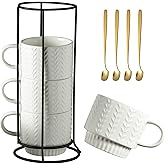 Miamolo Stackable Coffee Mugs, Coffee Mug Set of 4 with Spoons & Stand, 13oz Espresso Cups for Drinks Latte Cappuccino Tea, Coffee Cup for Housewarming Birthday Gift, Dishwasher Safe, White