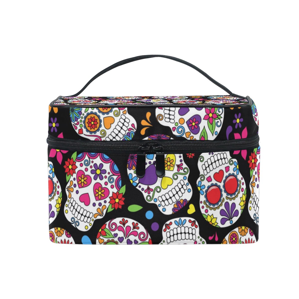 COOSUN Day Of The Dead Sugar Skull Cosmetic Bag Canvas Travel Toiletry Bag Top Handle Single Layer Makeup Bag Organizer Multi-function Cosmetic Case for Women