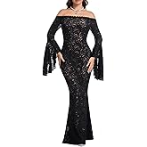 Cercis Women's Off The Shoulder Floral Lace Maxi Wedding Dress Long Bell Sleeve Formal Party Bodycon Mermaid Gown Spring