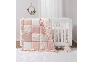 The Peanutshell 3 Piece Baby Crib Bedding Set for Girls - Cotton Fitted Crib Sheet, Layered Dust Ruffle, Comforter, Newborn, Infant & Toddler Vintage Nursery Bed Set Decor, Pink, Gold, Floral - Grace