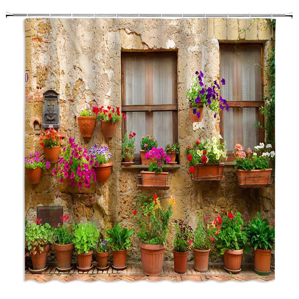 FILMILIL Farm Style Shower Curtain Garden Potted Italian Green Plants Vintage Windows 3D Printing Mediterranean Greece Scene Bathroom Decoration Polyester Fabric with Hooks (90 X 70 Inch)