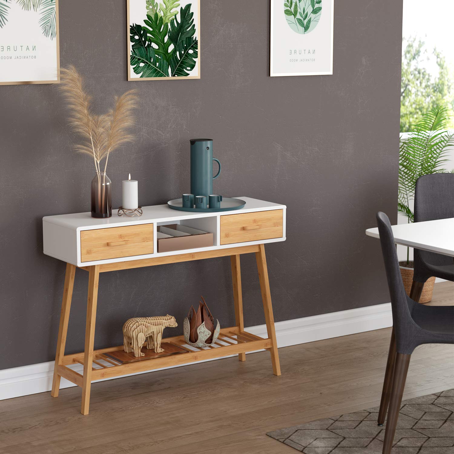 30x75x100cm HOMECHO Konsolentisch Bambus Beistelltisch mit 2 Schubladen