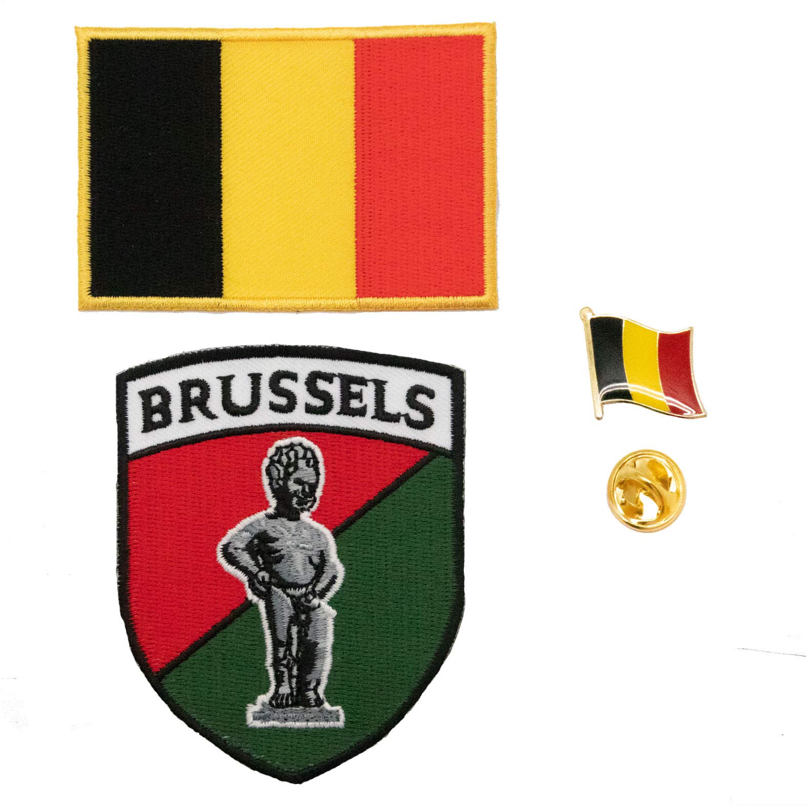 A-ONE 3 PCS Pack- Belgium Brussels Manneken PIS Patch + Belgium Flag Stick on Patch + Belgium Flag Lapel Pin, Embroidery Shield Patch, Country Pinbadge No.098B