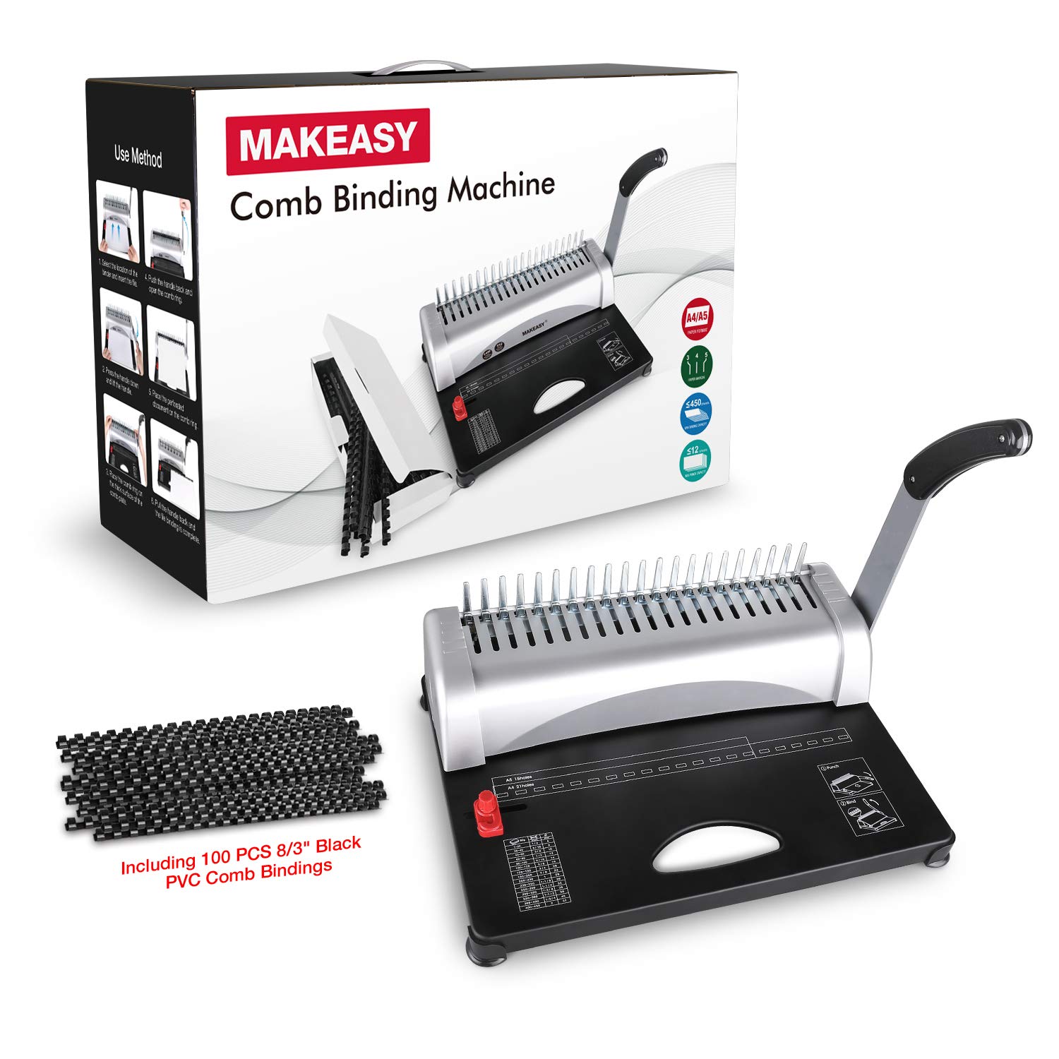 MAKEASY Binding Machine, 21Hole, 450 Sheet, Paper Punch Binder with Starter Kit 100 PCS 3/8