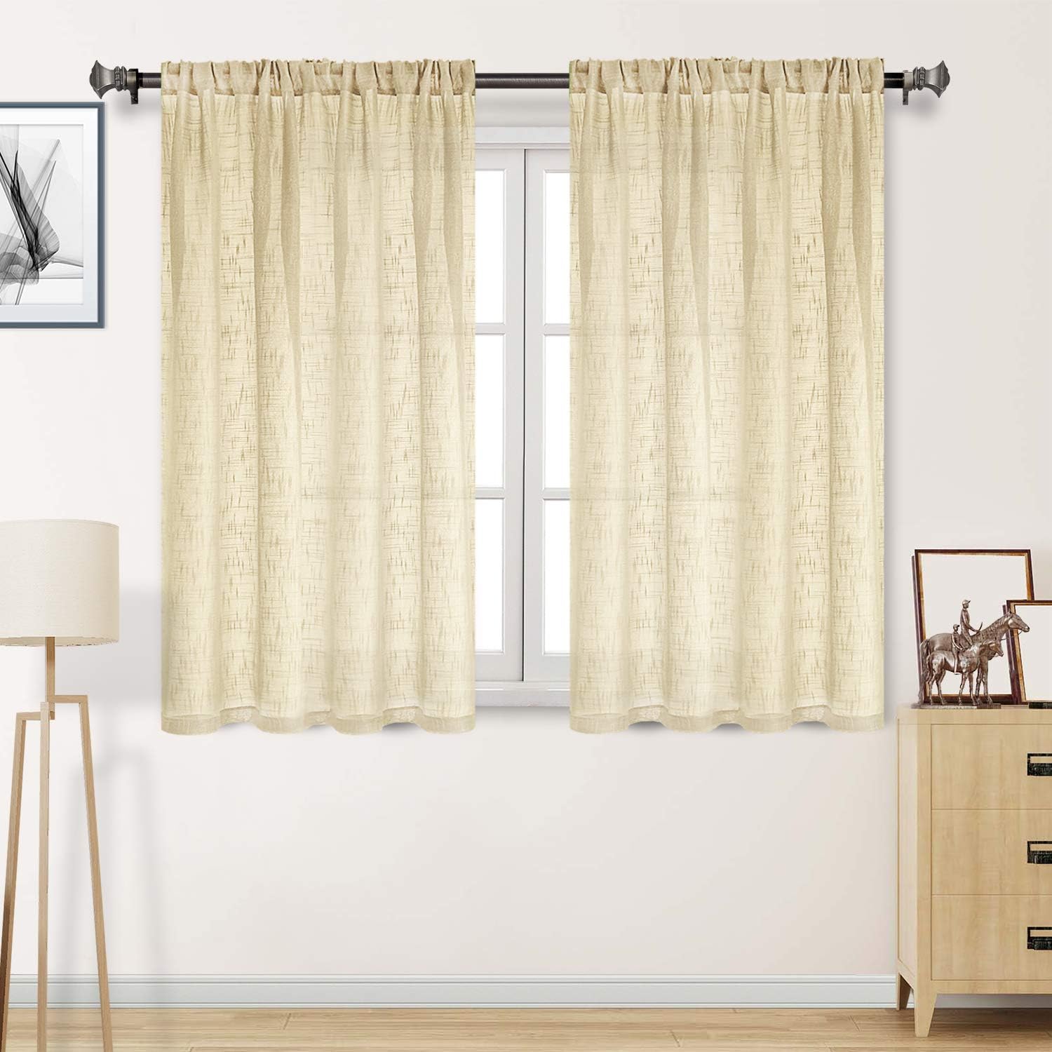 Amazon Com Dwcn Beige Sheer Curtains Faux Linen Textured Rod Pocket Semi Voile Bedroom And Living Room Curtains Set Of 2 Window Curtain Panels 52 X 45 Inches Home Kitchen