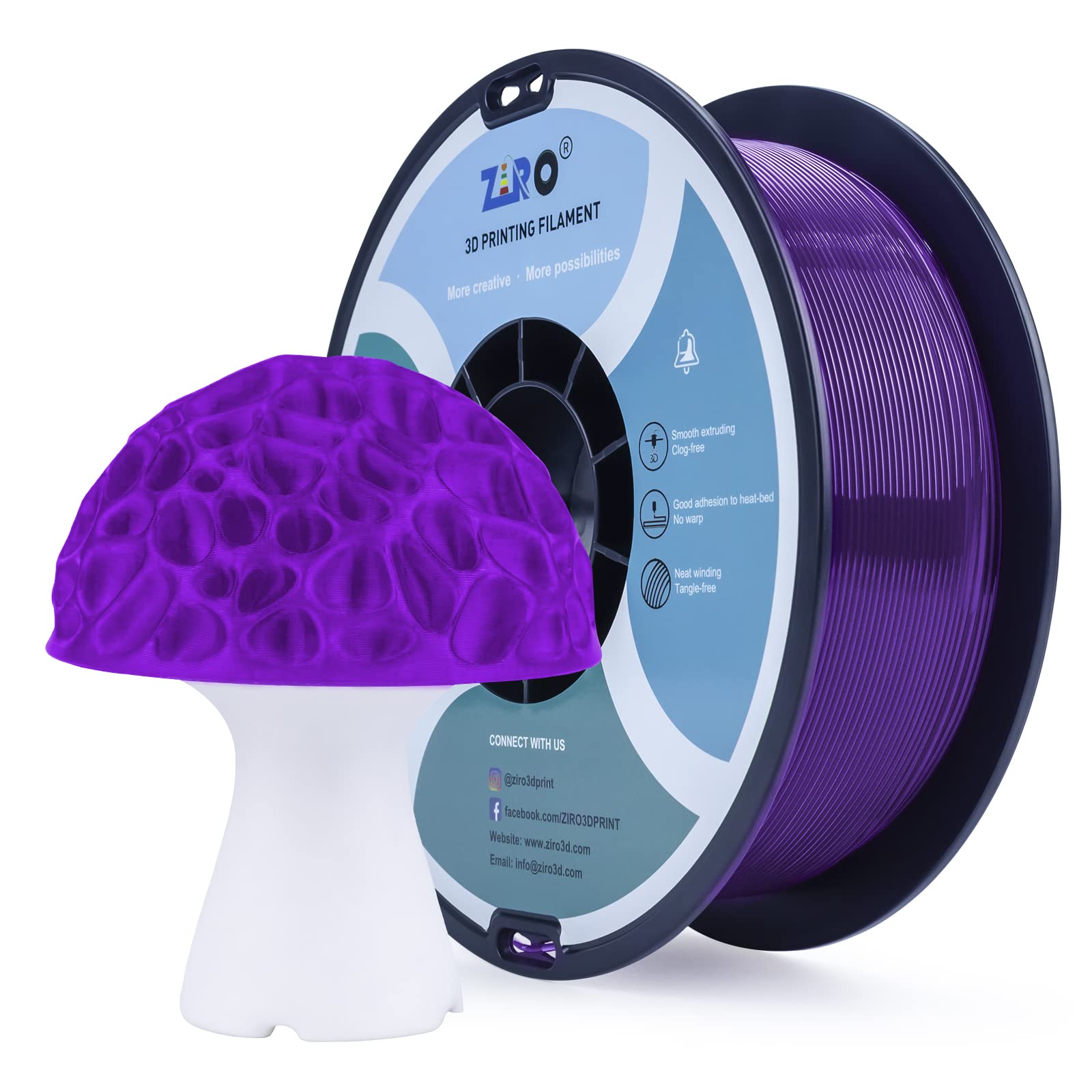 ZIRO PLA Translucent Filament 1.75mm 3D Printer Filament PLA PRO Translucent Series 1.75mm 1KG(2.2lbs), Dimensional Accuracy +/- 0.03mm, Translucent Purple