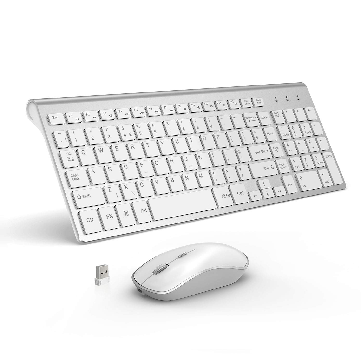 Rechargeable Wireless Keyboard and Mouse, J JOYACCESS Full Size Ultra Thin Wireless Keyboard, 2400 DPI Quiet Mouse, for Computer, Smart TV, Laptop,(QWERTY UK Layout) - Silver + White