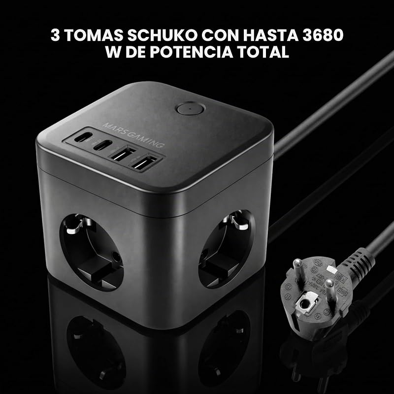 MD-CUBE35, Powercube Multifunção Compacto, 3 Soquetes SCHUKO + 2 USB-C + 2 USB-A, Carregamento Rápido PD 35W, Tecnologia GAN, Cabo 1,8m, Botão ON/Desliga e Indicador LED, 9 Proteções, Preto