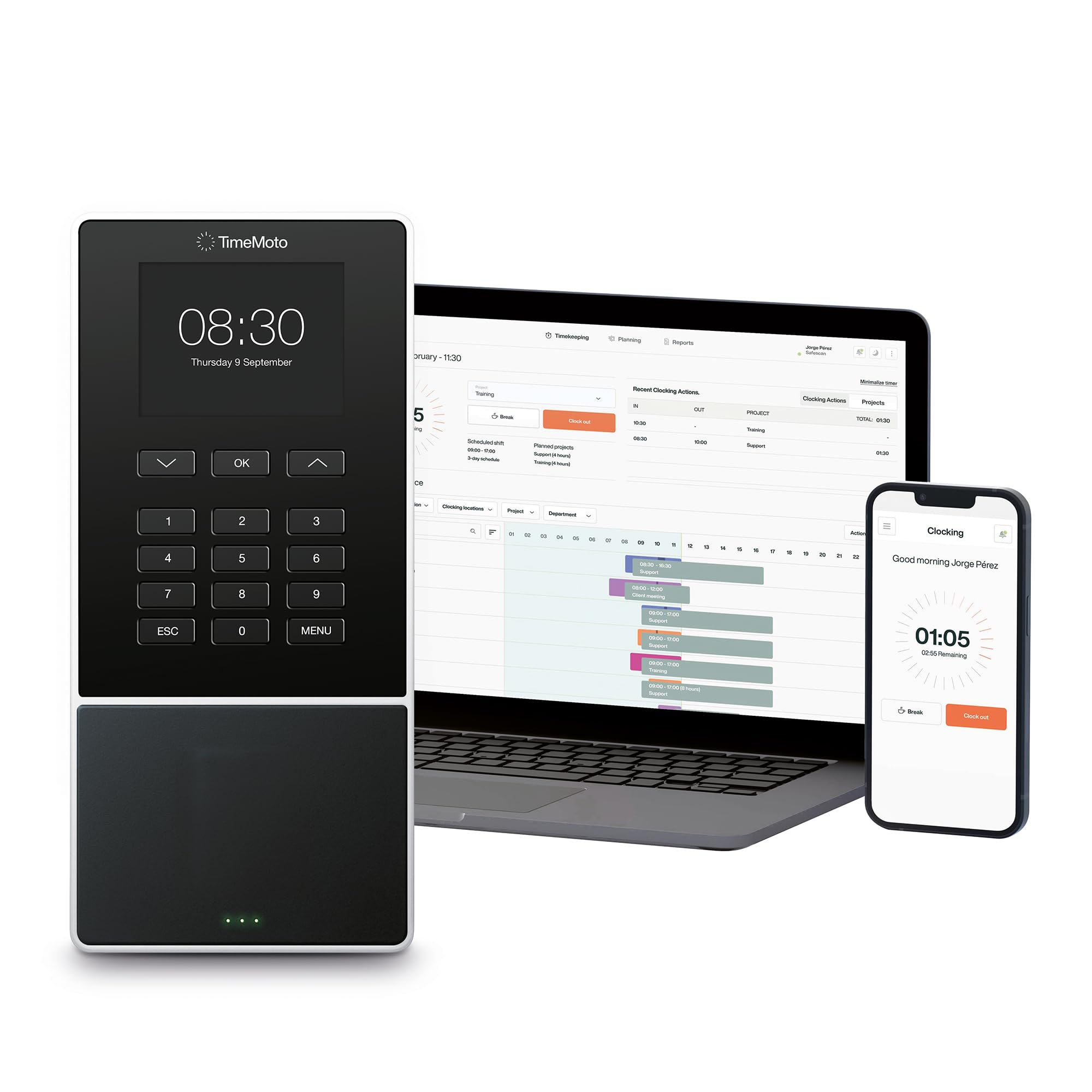 TM—616 Cloud-Based Employee Time Clock with RFID Badge/Keyfob and PIN, For Up to 200 Users, Worked Hours Reporting, Scheduling, Timesheets, Wi-Fi, App for iOS/Android