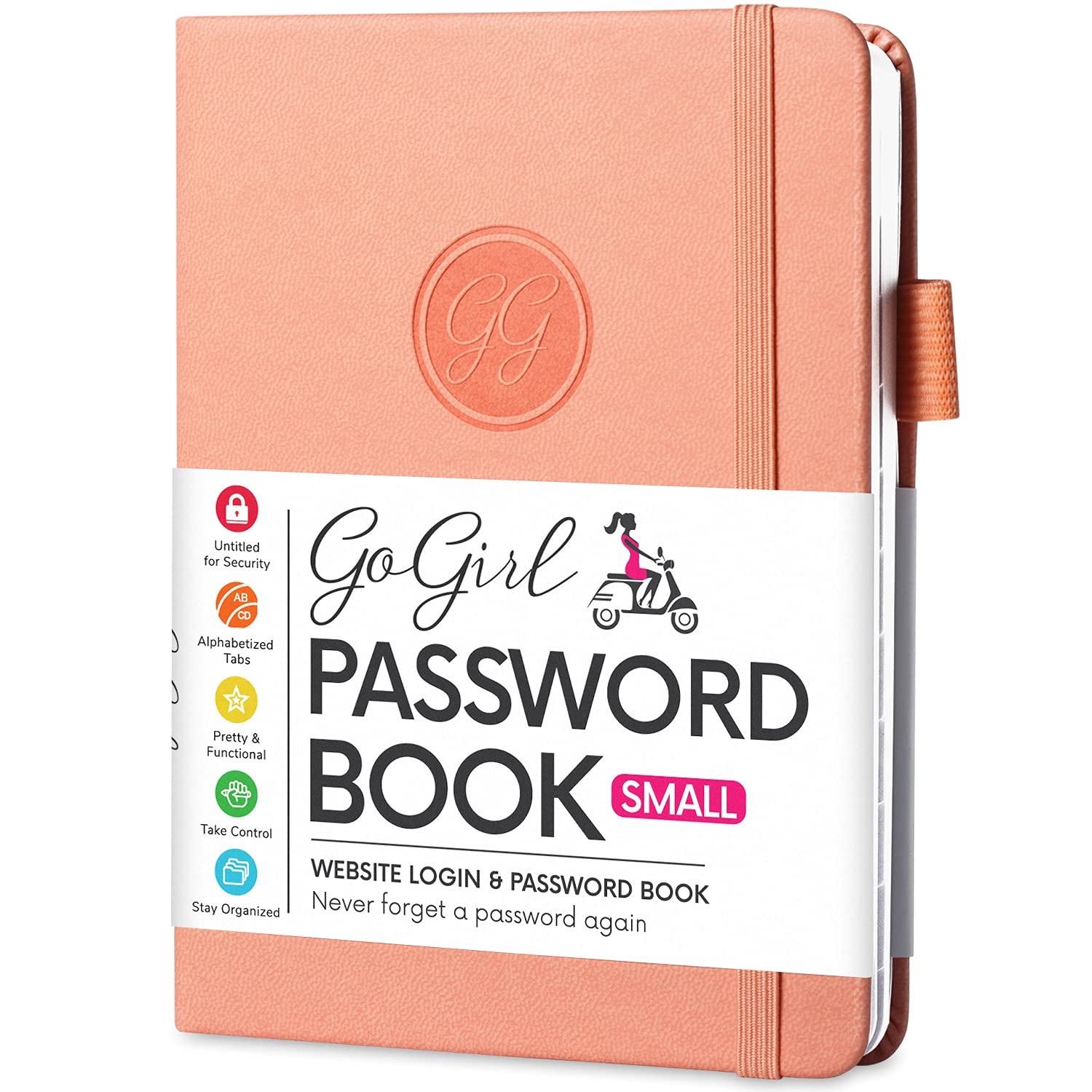GoGirl Password Book with Alphabetical tabs – Internet Address & Password Keeper Logbook for Password Organization, Journal Notebook for Saving Website Logins. Small Size 11 x 14.5cm - Peach Pink