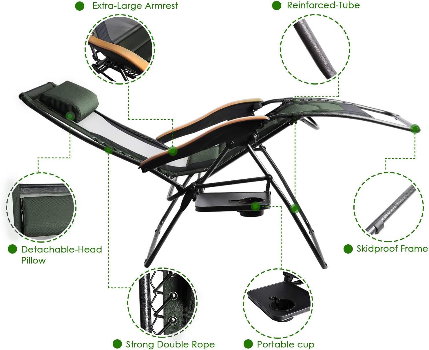 PORTAL Oversized Mesh Back Zero Gravity Recliner Chair, XL Padded Seat Adjustable Patio Lounge Chair with Lumbar Support Pillow and Side Table Support 350lbs (Dark Green) : Garden & Outdoor