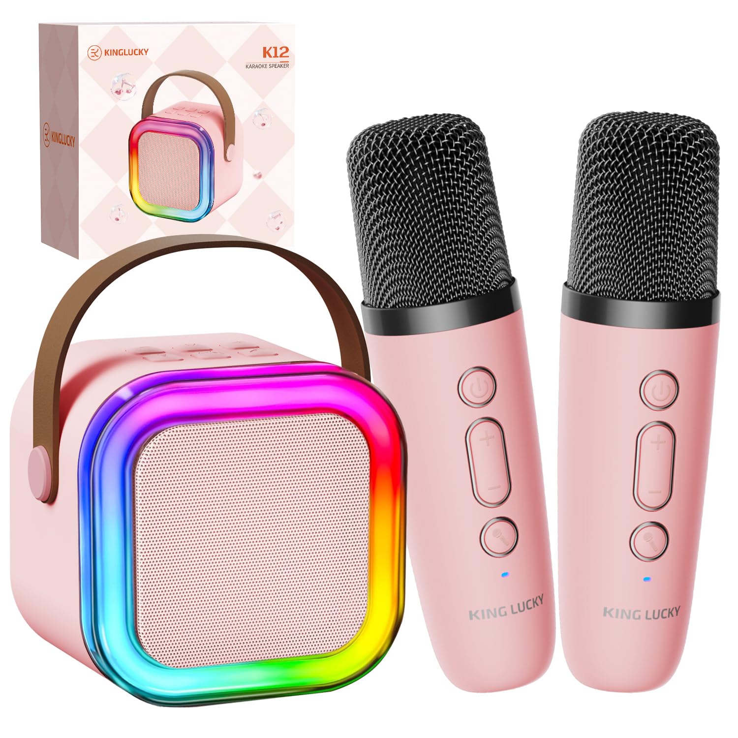 Kinglucky Mini Karaoke Machine for Kids, 2025 TOP Birthday Gifts Ideas for 3-12 Year Old Girls, Christmas Party Gifts Kids' Personal Video Players Accessories with 2 Wireless Microphones - Pink