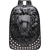 kiisy 3D Lion Leather Laptop Backpack Unique Designer Fashion Travel Rivet Punk Backpack (black)