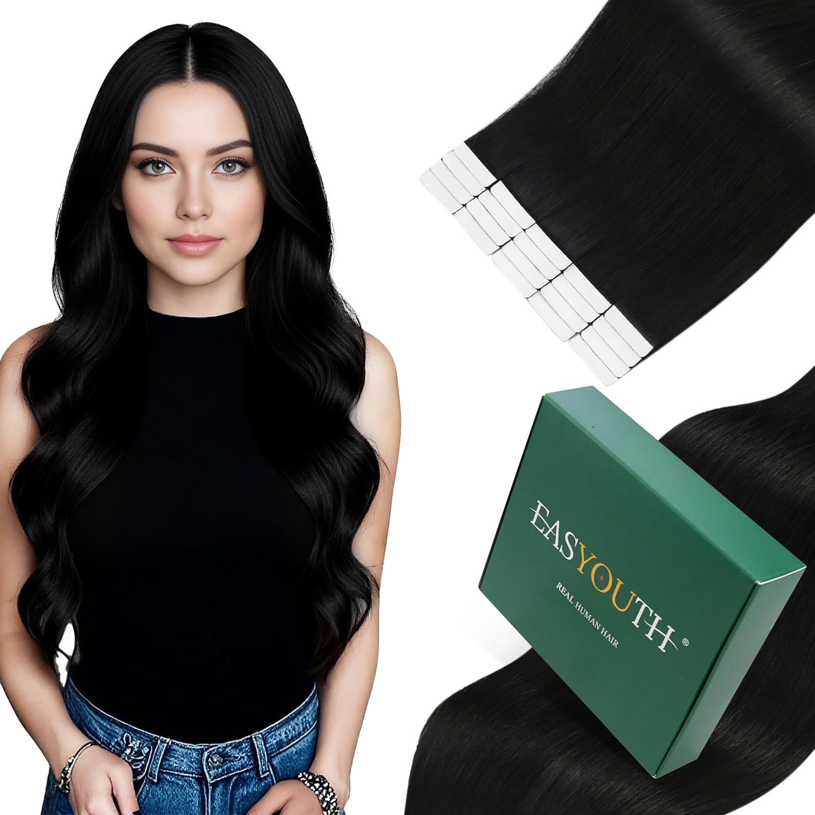 Easyouth Black Tape in Hair Extensions Real Human Hair Jet Black Tape in Extensions Human Hair Seamless Hair Extensions Tape in Human Hair Remy Straight 20 Inch 50g 20Pcs #1