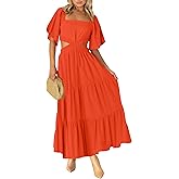 LEANI Women's 2025 Summer Cutout Maxi Dress Square Neck Short Sleeve Crossover Waist Casual Party Dresses
