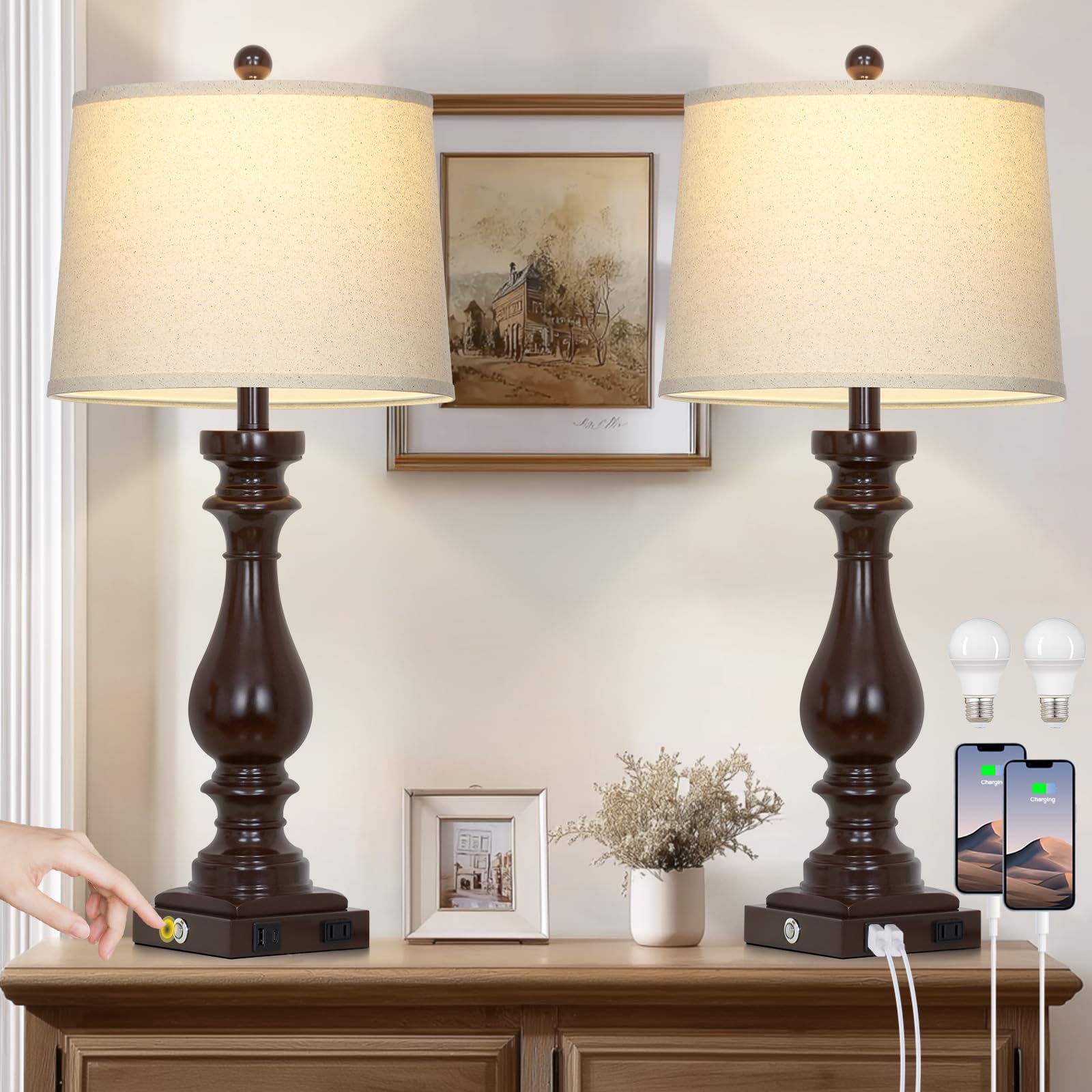 Photo 1 of Cinkeda 29" Tall Farmhouse Table Lamp for Living Room Set of 2,Vintage Retro Nightstand Lamps with USB C+A Ports & AC Outlet,3-Way Dimmable Touch Bedside Lamp for Bedroom Side Table,Dark Brown