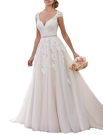 YASIOU Damen Brautkleid Lang Weiß Spitze A Linie Prinzessin Hochzeitskleid Plus Size