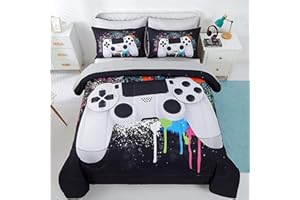 KAKKI 5 Piece Boys Full Gamer Comforter Set with Sheets, 3D Colorful Video Game Controller Comforter for Kids Teen, All Season Soft Microfiber Gaming Bedding Set(White,Full)