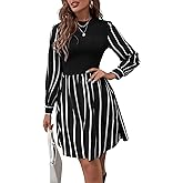 Floerns Women's Striped Bishop Sleeve A Line Dress Crewneck Elegant Short Dresses