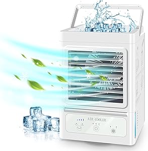 Portable Air Conditioner Fan with 3 Wind Speeds,Rechargeable Battery Operated 60&120 Degree Auto Oscillation Personal Air Cooler,Quite Ice Cooler Fan