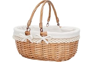G GOOD GAIN Oval Picnic Basket with Folding Handles, Willow Hand Woven Shopping Basket, Bath Toy Kids Toy Storage Gift Packing Basket, Wicker Empty Easter Eggs and Candy Small Gift Basket.Cream