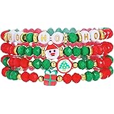 QLYOVWE 6 Pcs Christmas Bracelets Set for Women Colorful Beaded Stackable Bracelets with MERRY CHRISTMAS Charms Cute Xmas Holiday Party Accessories