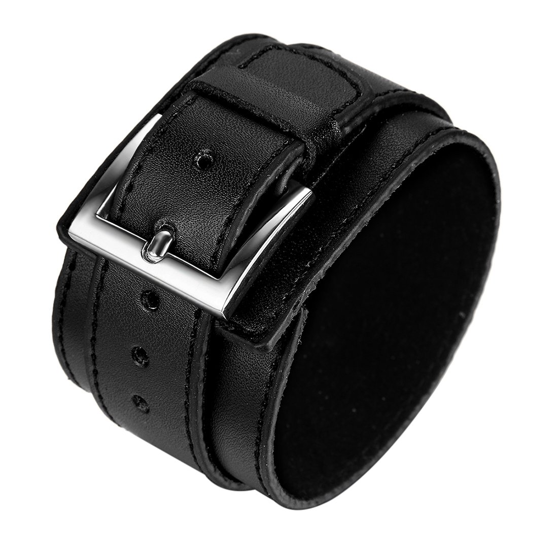 JewelryWe Punk Rock Wide Black Leather Strap Wristband Men's Bangle Cuff Bracelet 11 Inch, Black (with Gift Bag) — image 1