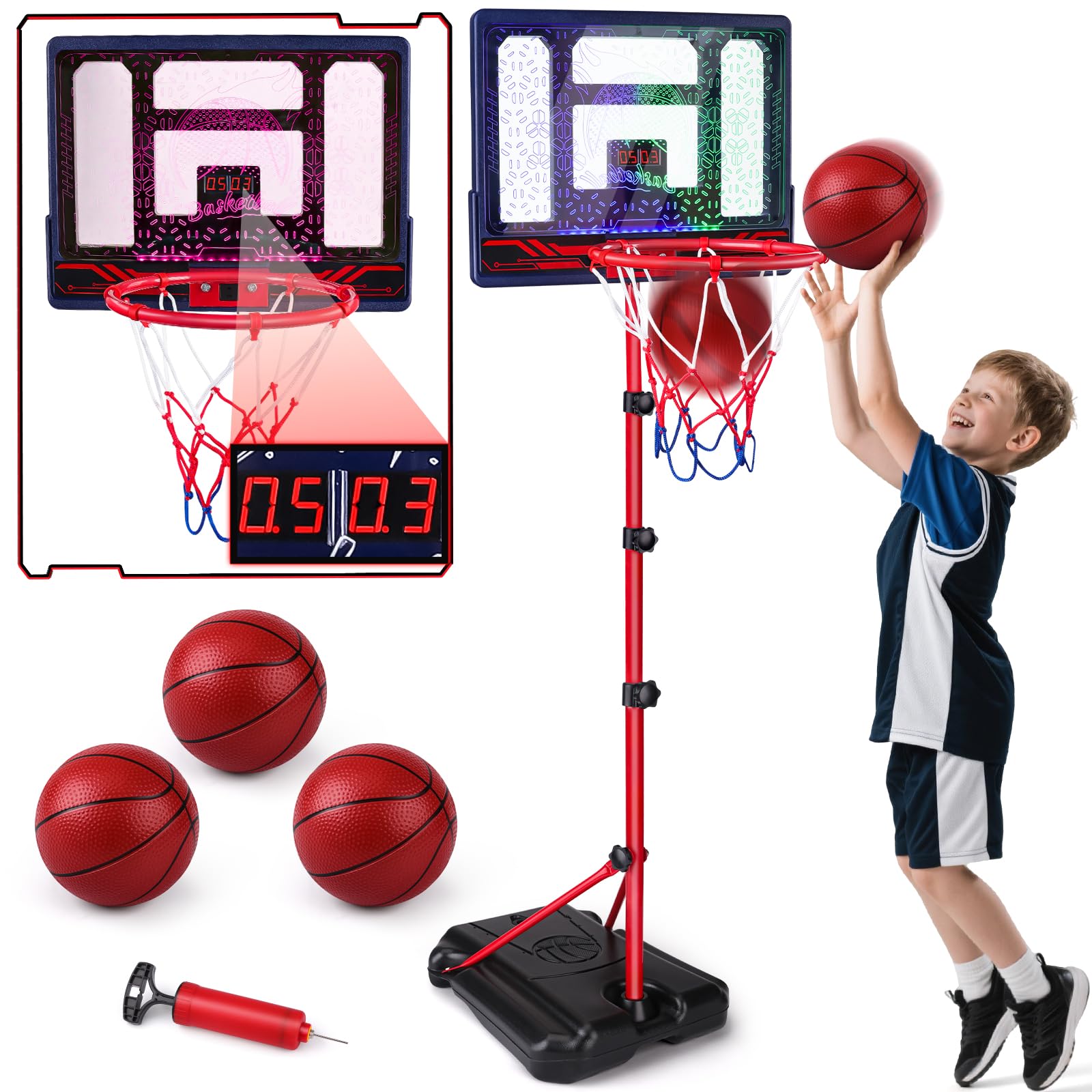Photo 1 of Basketball Hoop for Kids 3 4 5 6 7 8 Years Old, Electronic Basketball Goal with Adjustable Stand, 7 LED Lights & Scoreboard, Indoor Outdoor Sports Toy, Birthday for Kids Boys Ages 3-12
