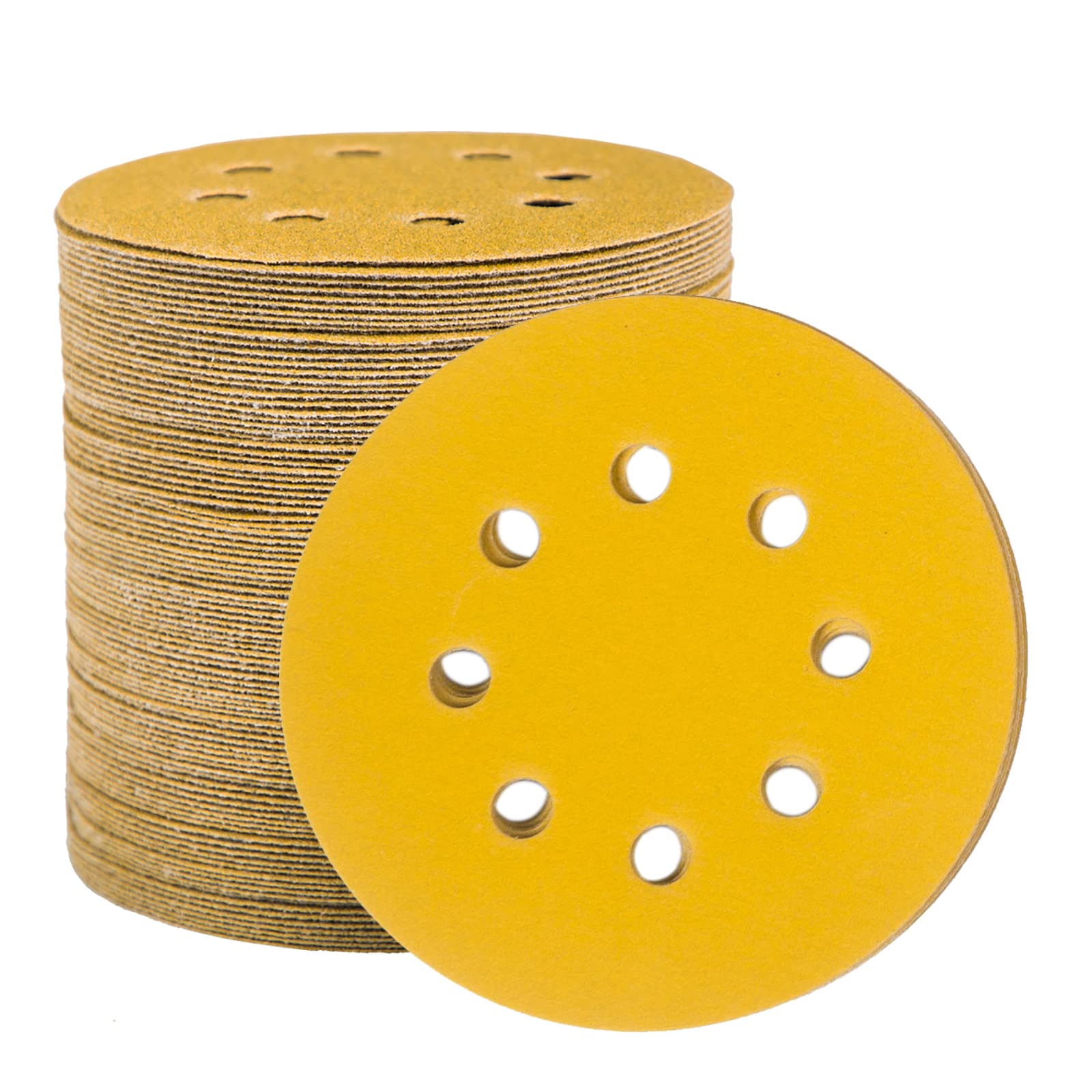 STEBRUAM 100pcs 125mm sanding discs, Sanding Discs Pads for Random Orbital Sander pads and All Oscillating Tools, yellow sanding discs 125mm Hook and Loop 180 Grit 8 Hole 5 Inch Round