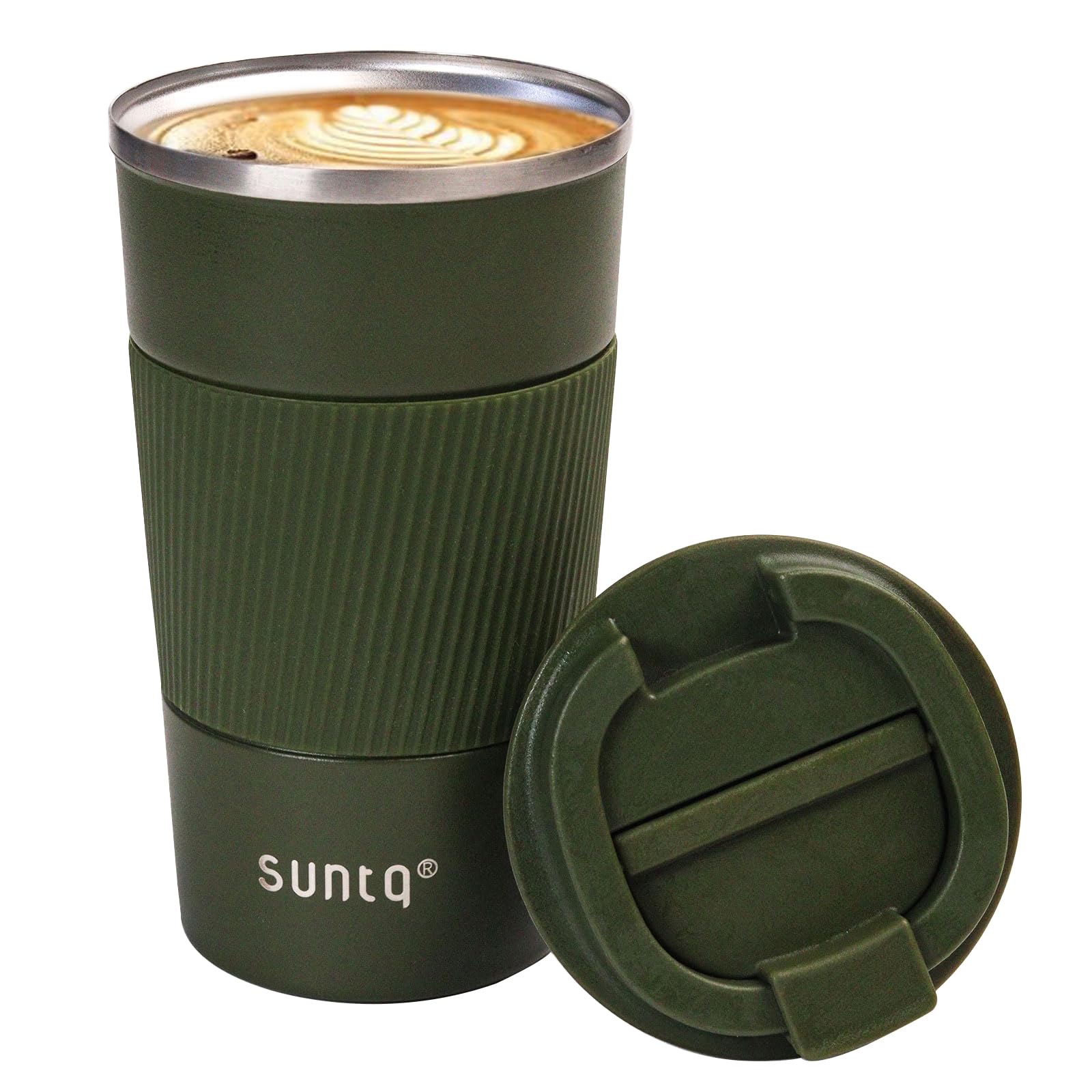 SUNTQ Reusable Coffee Cups Travel 510ml Coffee Travel Mug with Leakproof Lid - Thermal Mug Insulated Cup - Stainless Steel Travel Cup with Rubber Grip for Hot and Cold Drinks Green
