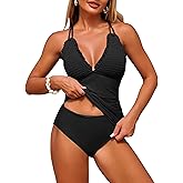 ZAFUL Womens Tankini Swimsuits Smocked 2 Piece Bathing Suits Modest Tie Back Swimwear
