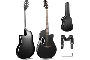 CAHAYA Acoustic Electric Guitar Kit - 41” Carbon Fiber Adult Beginner Set with Bag and Strap Built-In Pickup Rich Resonance & Warm Tone for Performance Ready, High-Gloss Black Finish
