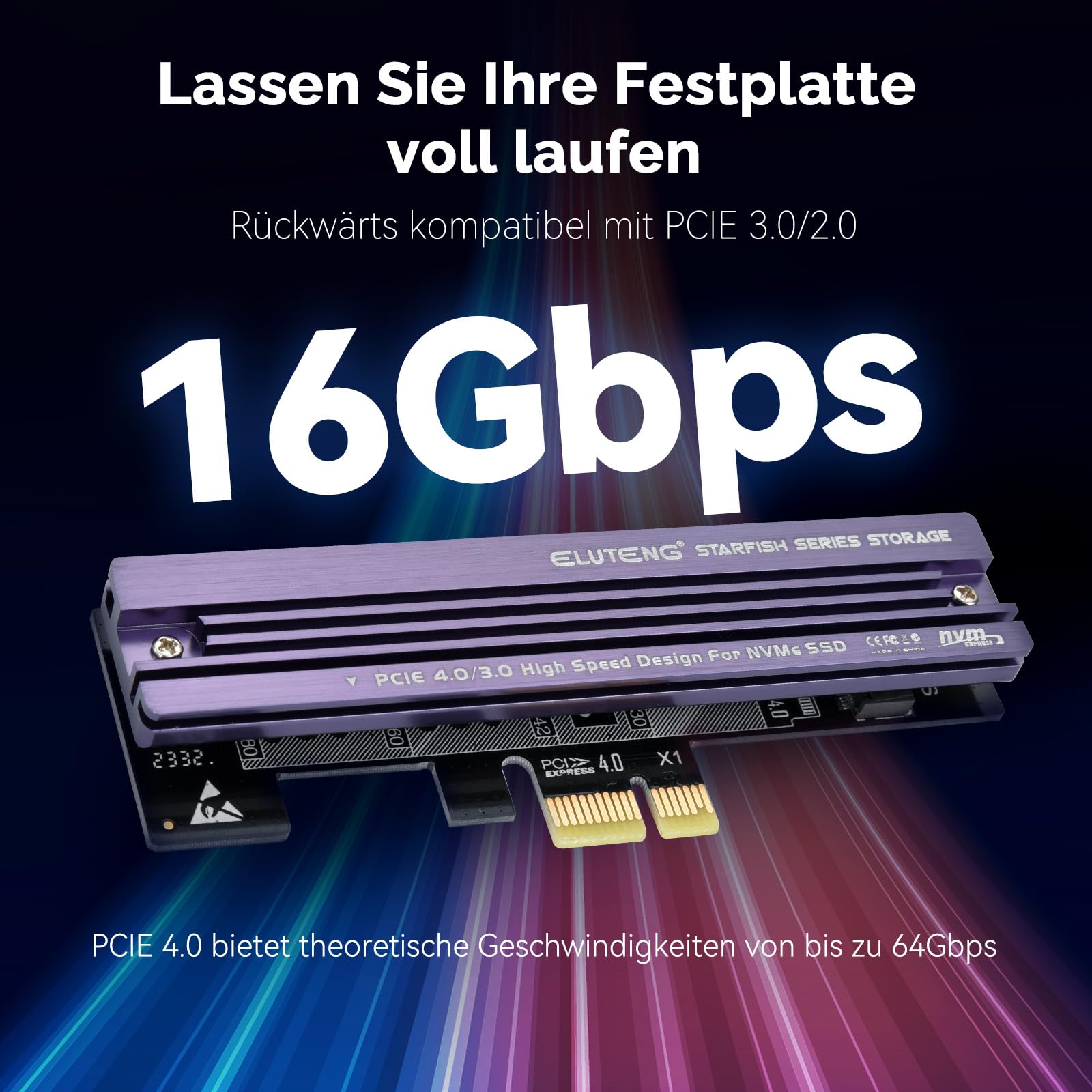 ELUTENG M.2 NVMe zu PCIe 4.0 X1 Adapter Karte, Aluminium-Kühlkörper-Lösung, M.2 SSD PCI Express NVMe Adapter Erweiterungskarte für PCIe 4.0/3.0 X1/X4/X8/X16 und 2230 2242 2260 2280 SSD 2