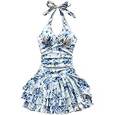 Floerns Women's Summer Floral Backless Halter V Neck Dress Ruched Layered Ruffle Mini Dress