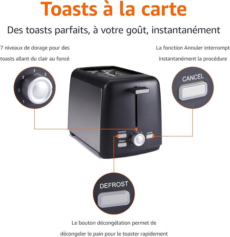 Grille-Pain 2 Tranches avec 7 Niveaux de Dorage et Tiroir Ramasse-miettes Amovible, Fentes Extra Larges, 800W, Noir — photo 2 sur 5
