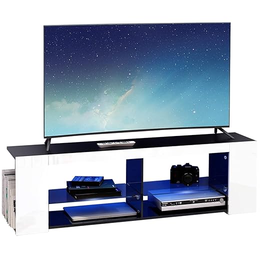 Modern Luxe ® fernsehschrank TV lowboard fernsehtisch TV Regal schwarz Fronten in Hochglanz mit led Beleuchtung (Weiß)