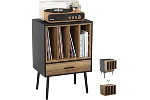 Semiocthome Record Player Stand with Nesting Vinyl Storage Crate, Record Player Table with a Drawer and Solid Wood Legs, Side End Table for Turntables for Living Room Bedroom