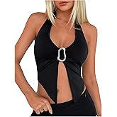 SOLY HUX Women's Halter Top V Neck Sleeveless Split Hem Backless Y2k Crop Tank Tops