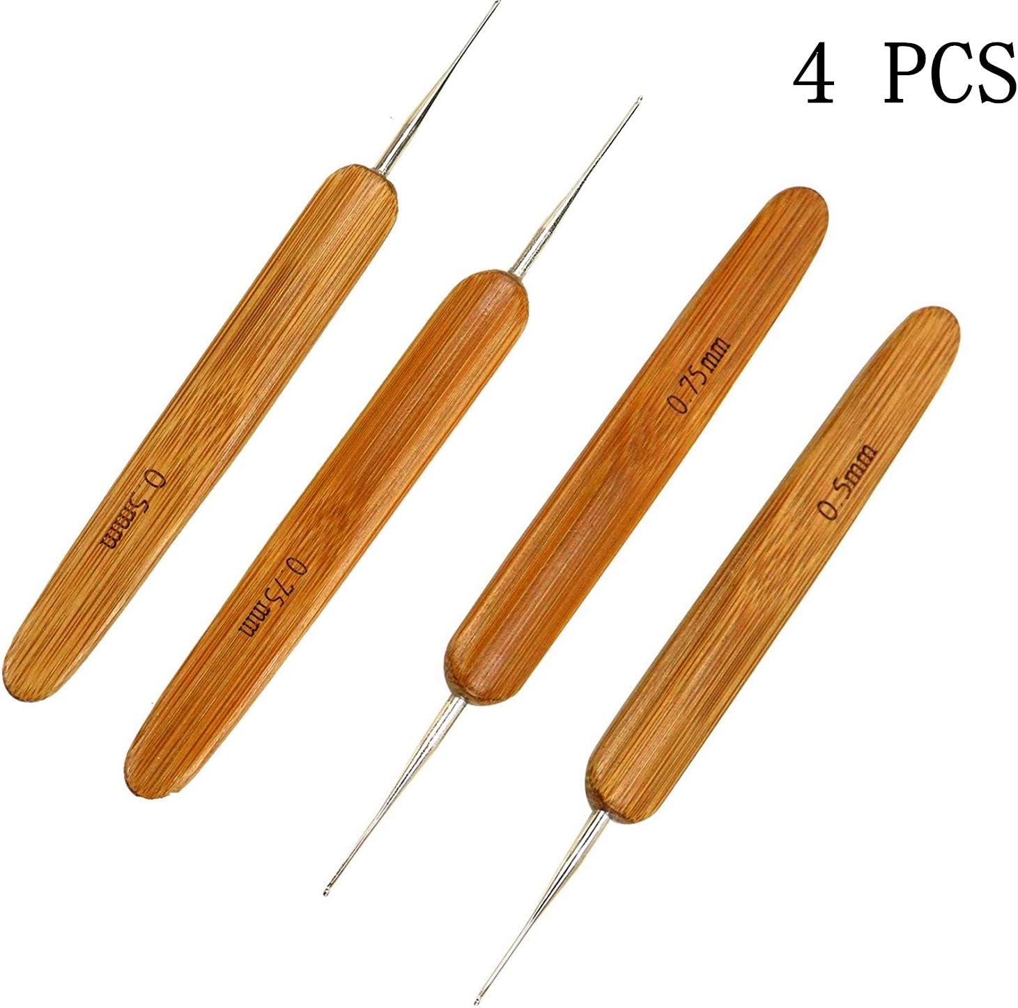 4pcs Dreadlock Crochet Hook Crochet Hair Needle Braid Craft,Bamboo Handle,0.5mm+0.75mm