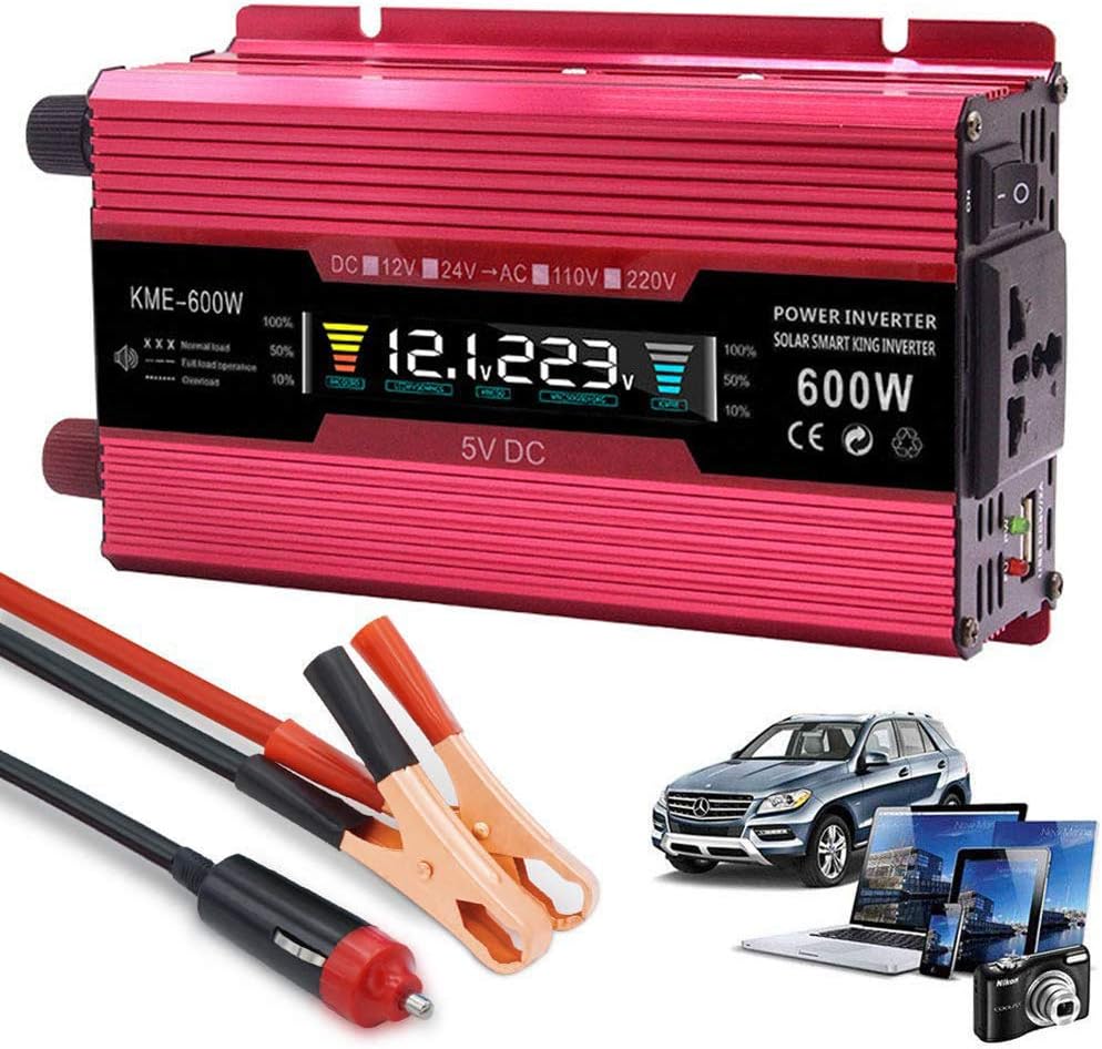 Donteec Car Inverter, Power Inverter Pure Sine Wave 600W 12V DC to 110V 220V, with LCD Display, Dual AC Power Socket and USB Port, Ideal for Emergency,12Vto220V