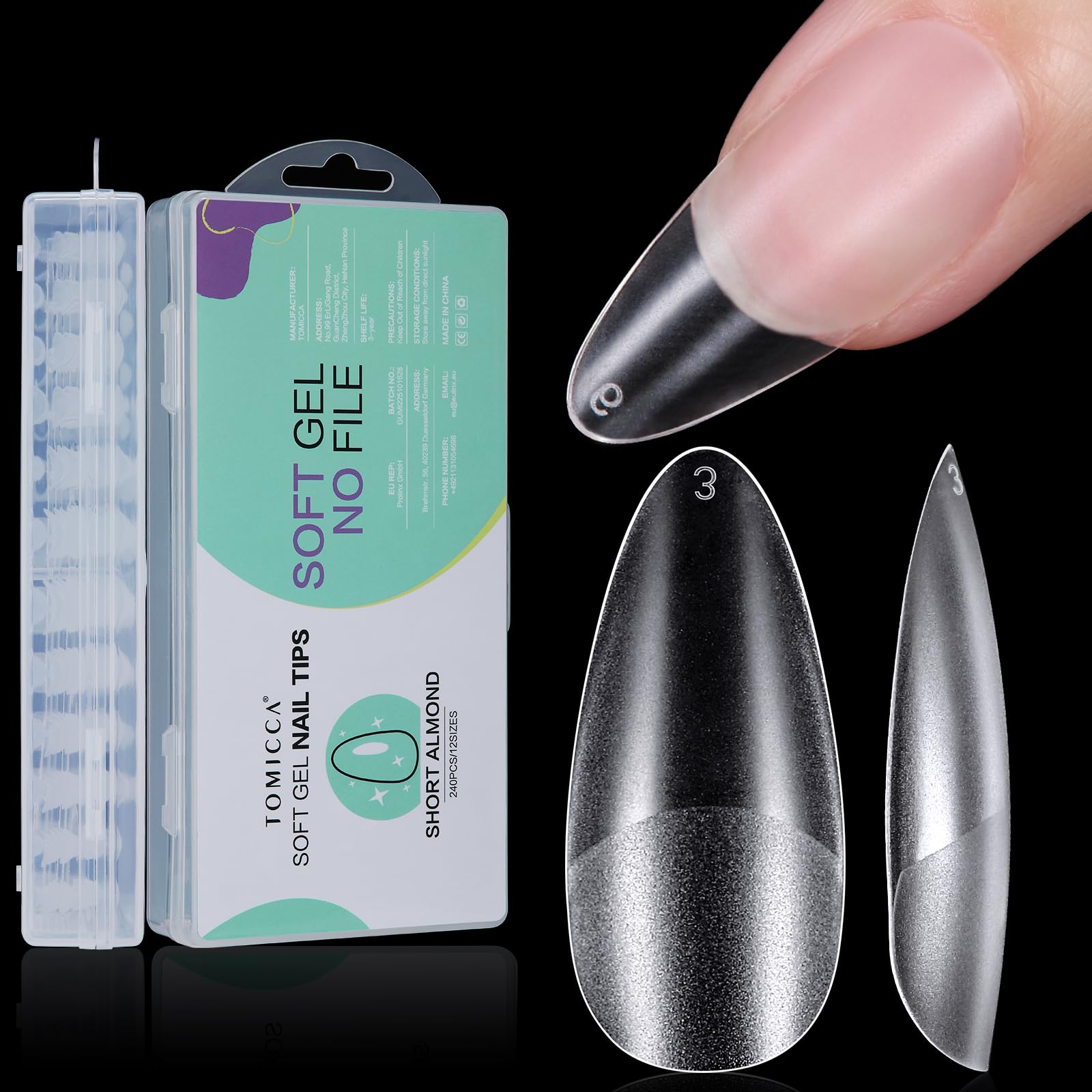 TOMICCA 240Pcs Short Almond Nail Tips - Acrylic Full Cover Matte No-File Extensions | Pre-Buffed Traceless Fit for Salon & Home DIY, 12 Sizes (Clear)