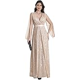 DQHKOW Women's Sequins Deep V Fashion Slit Shoulder Maxi Dresses Formal Evening Gowns.