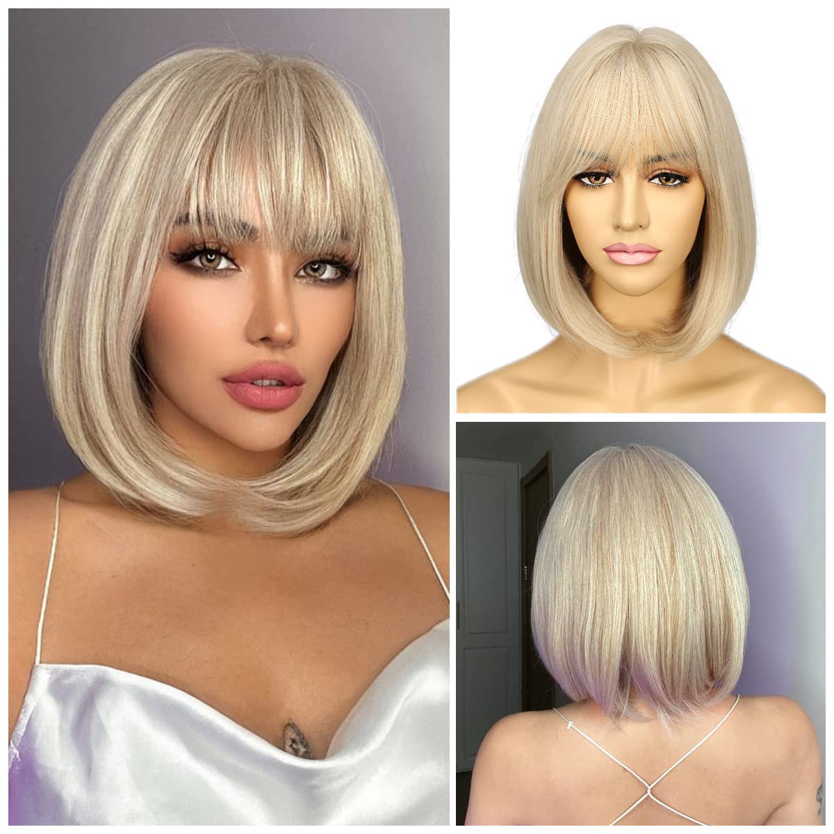 Sapphirewigs Blonde Wig for Women Fringe Short Blonde Bob Wigs Daily Party Hair Natural Looking 12 inch — image 1