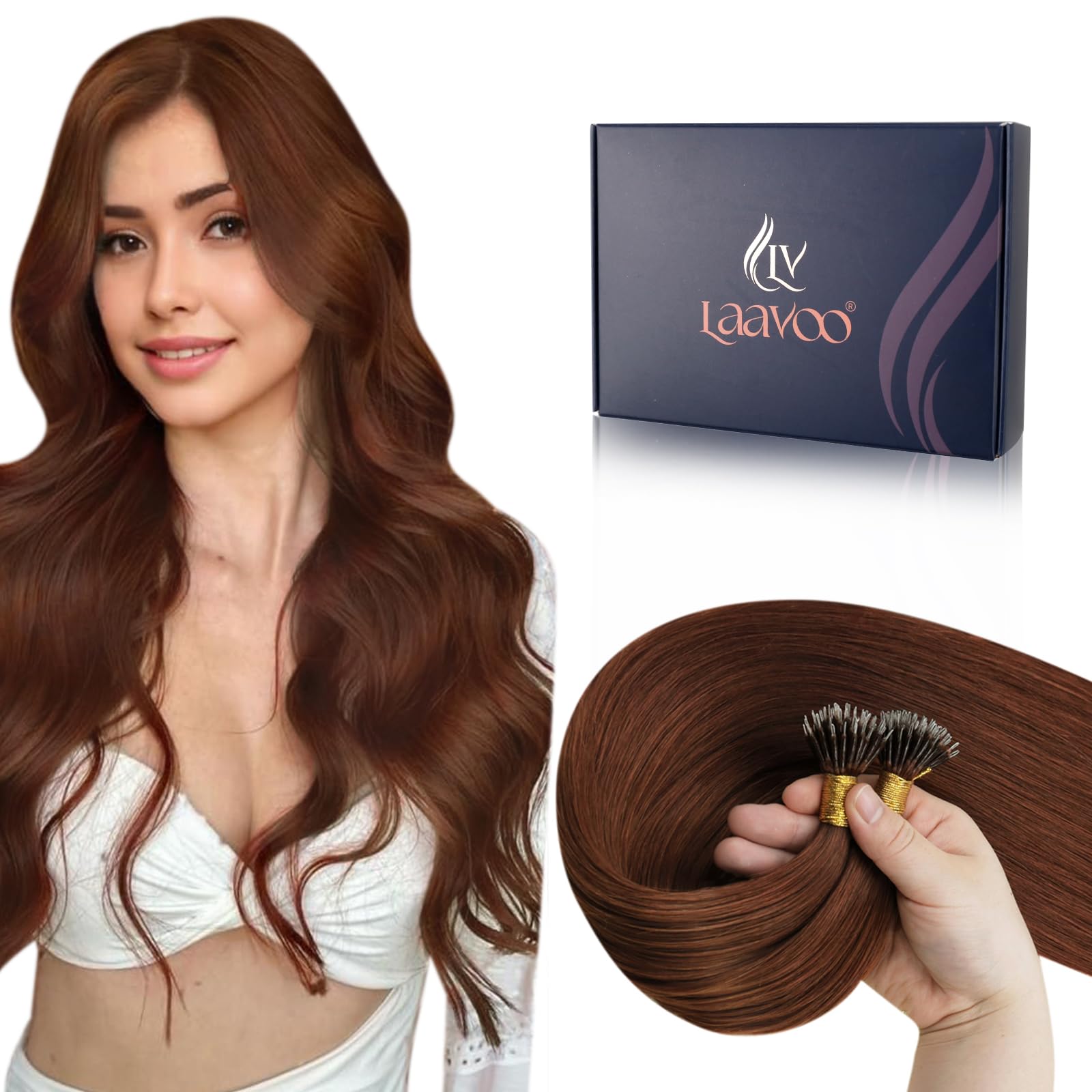 LaaVoo Nano Hair Extensions Real Human Hair Red Brown Nano Beads Hair Extensions 24 Inch Invisible Nano Ring Straight Remy Hair 50g 50s #33 — image 1