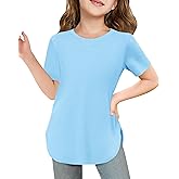 Haloumoning Girls Summer Short Sleeve Shirt Kids Crewneck Curve Hem Soft Tunic Tops T-Shirts 5-14 Years
