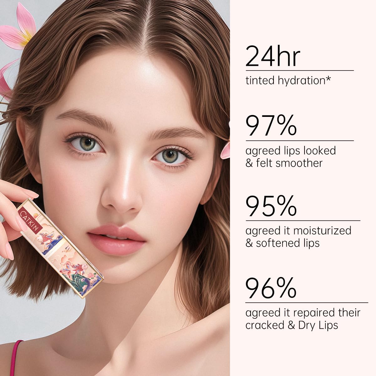 CATKIN Feuchtigkeitsspendender Lippenbalsam, Farbwechsel Lippenstift, Lippenpflege mit Farbe für Trockene & Spröde Lippen, mit Hyaluronsäure & Vitamin E, Aufpolsternd & Pflegend, Vegan, 3.5g 3