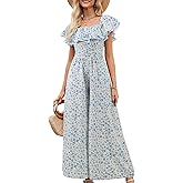 Gardenwed Women's Floral Wide Leg Jumpsuit, Ruffle Short Sleeve Square Neck Summer Casual Palazzo Romper with Pockets