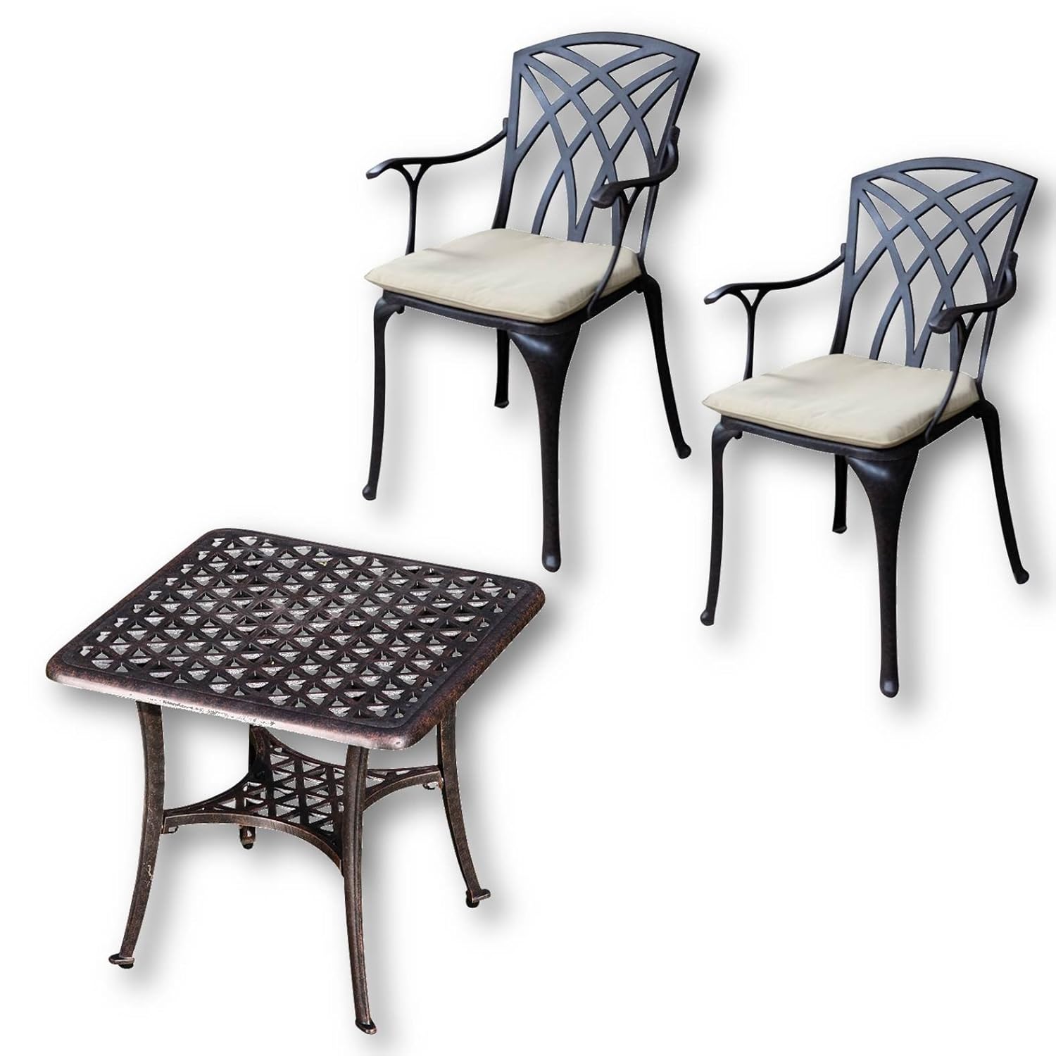 Antik Bronze Gartenmöbel Set aus Metall Beige Kissen Sandra